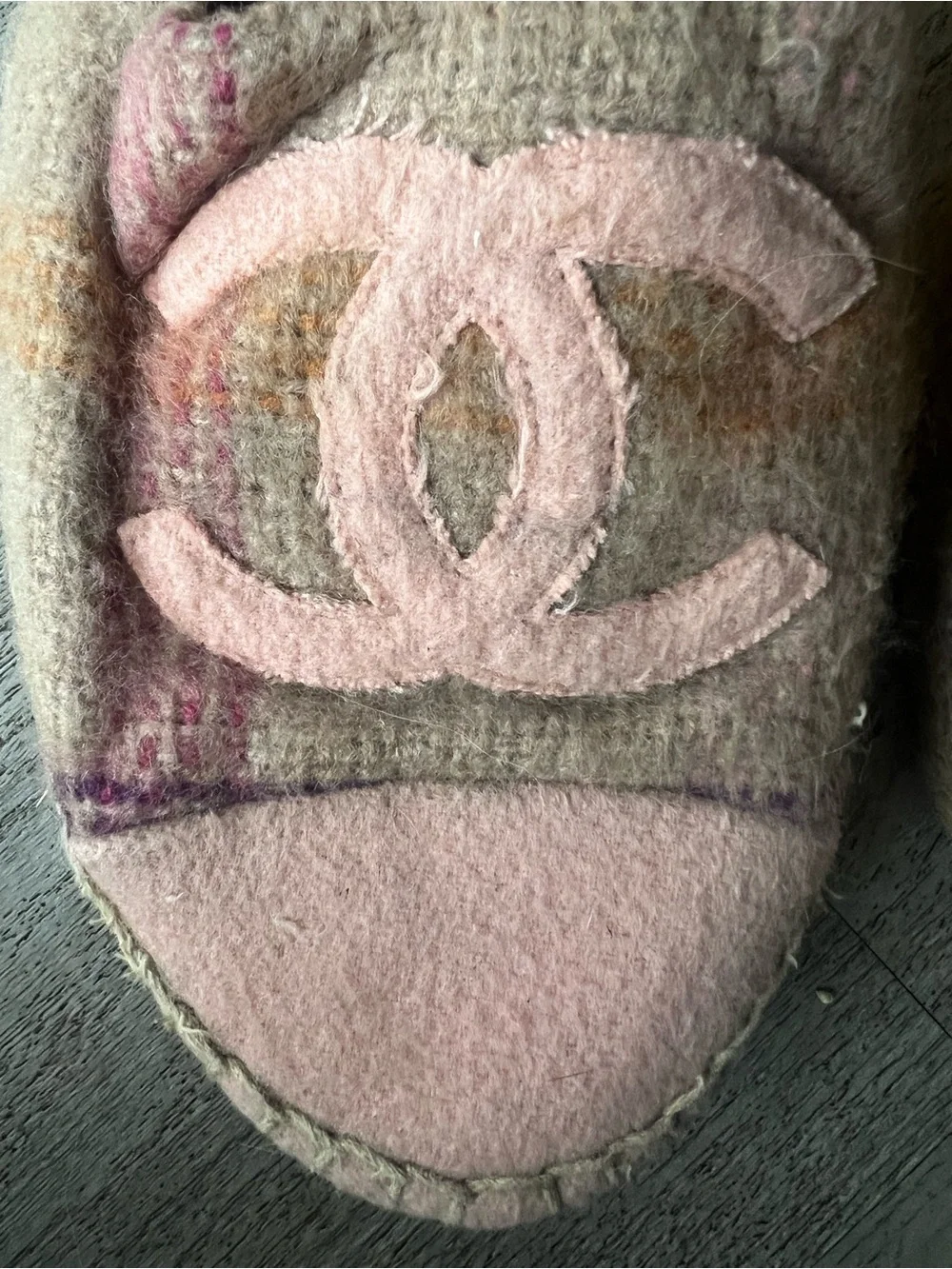 CHANEL Beige & Pink Wool Espadrille Flats with CC Logo